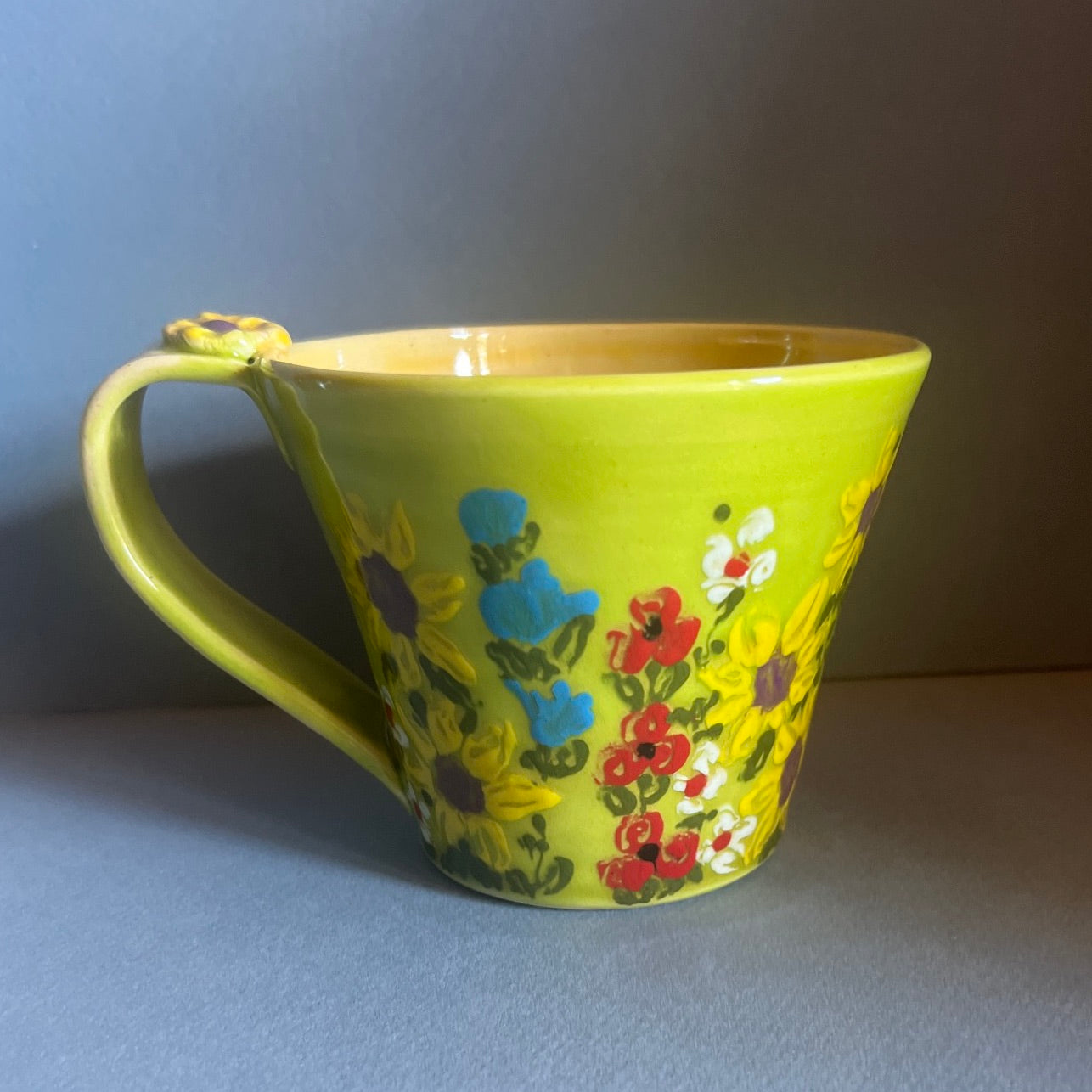 Coffee Cup Green With Red & Turquoise Flowers Don Swanson 169